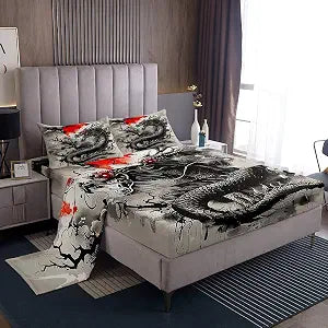 Castle Fairy Black Dragon Bed Sheets King Size,Japanese Style Bedding Set 4Pcs for Kids Girls Boys Teens Room Decor,Sunset Ink Tie Dye Fitted Sheet Magical Style Wildlife Top Flat Sheet,2 Pillowcases