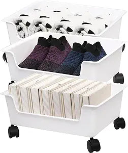 Noamus 3 Pack Under Bed Storage, Underbed Toys Storage Containers with Wheels, Plastic Bedroom Storage Organization, Under Bed Storage Bins Drawer For Clothes Blankets Shoes Books, White