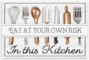Eat at Own Risk Kitchen Humor, 13 x 19 Inch Mounted Print on Wall Plaque