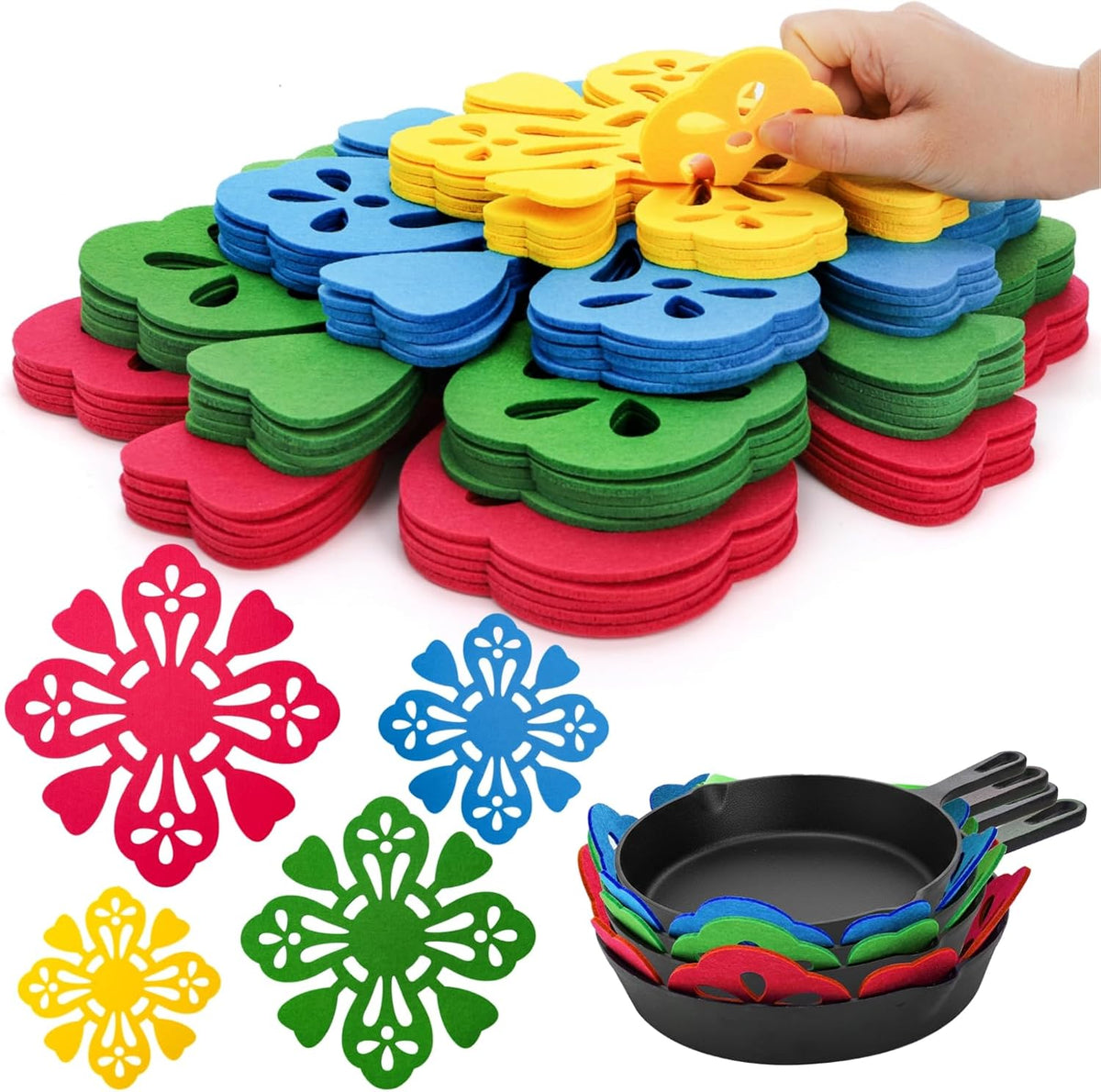 Goaste 20 Pack Pot and Pan Protectors, 9/12/14/15 Inch Pot Separators Pads, Thick Felt Pan Protector Assorted Colors, Anti-Slip Floral Cookware Dividers for Stacking and Protecting Cookware (4 Sizes)