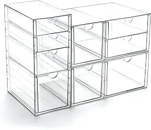 Prsildan Acrylic Drawer Makeup Organizer with 9 Drawers, Set of 3 Office Desk Organizers Accessories, Clear Stackable Storage Drawers for Vanity, Countertop, Craft, Jewelry, Art Supply Organization