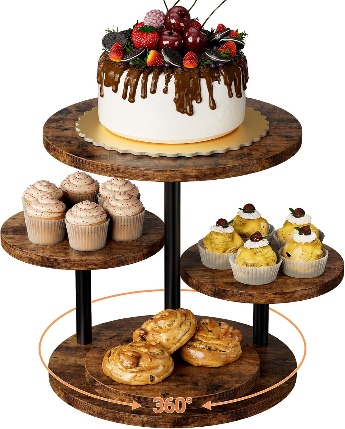 Cupcake Stand 4 Tier for 50 Cupcakes Wooden Cake Stand 360Rotatable Dessert Stands Round Cookie Tiered Tray Stand for Party Birthday Wedding Baby shower Afternoon Tea Dessert Table, Brown