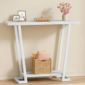 Tajsoon Narrow Console Table 31.5'', 2 Tire Entryway Table, Gold & White