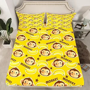 Cute Monkey Fitted Sheet Twin Size,Cartoon Banana Stars Print Bedding Set 2Pcs,Tropical Wild Animals Fruit Bed Sheets for Kids Girls Boys Teens Room Decor,Yellow Deep Pocket Sheet,1 Pillowcase