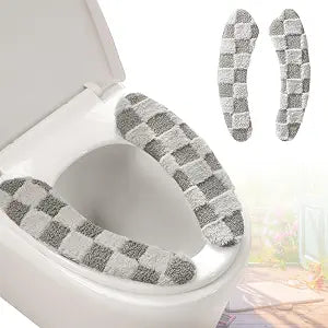 Thick and Warm Plush Toilet Seat Cover  Washable, Reusable Cushion with TPR Adhesive & Checkered Pattern for Comfort & Insulation (Grey)