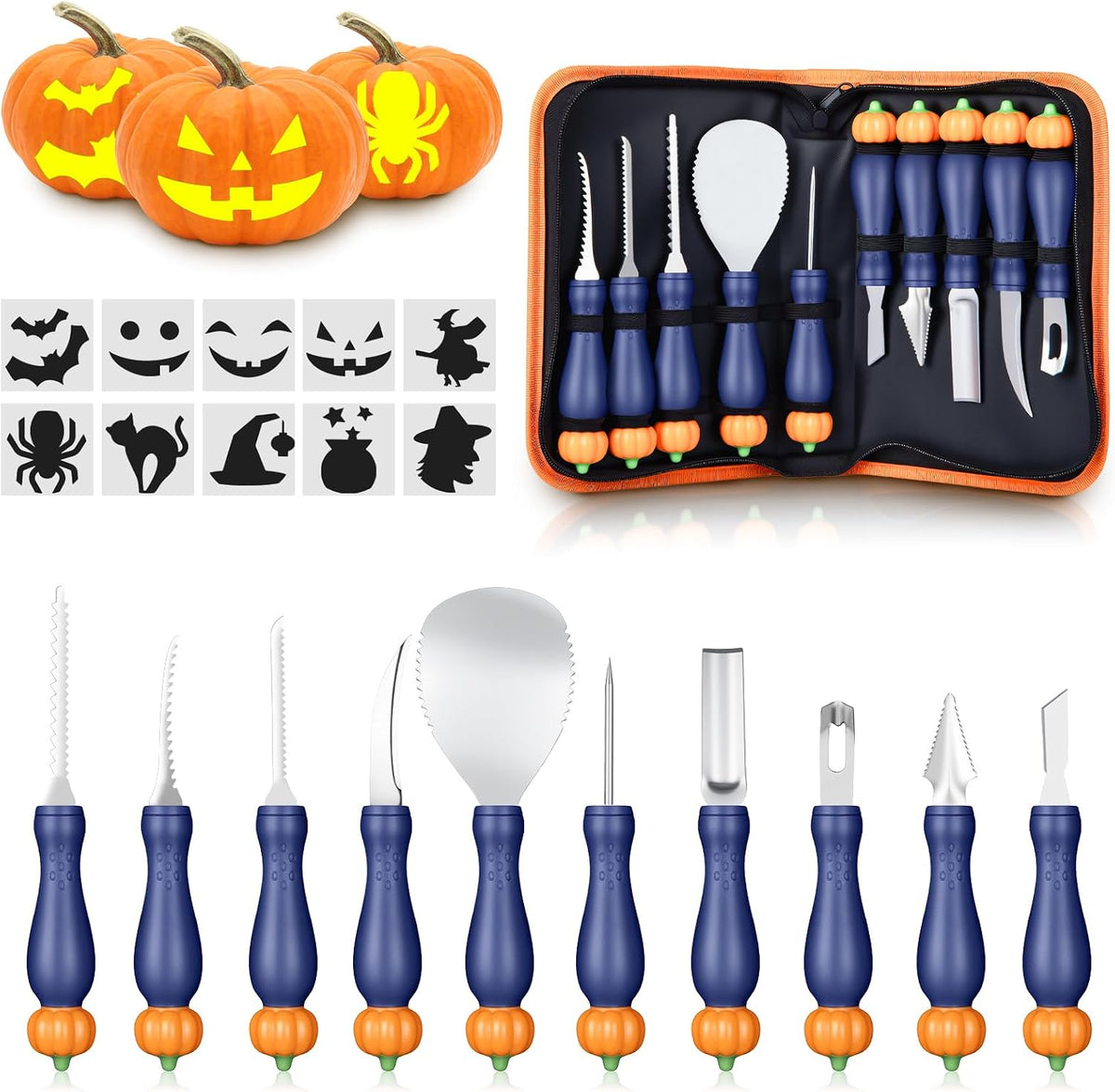 10 Piece Professional Halloween Pumpkin Carving Kit with Stencils, Heavy Duty Stainless Steel Pumpkin Carving Tools Knife Set for Halloween Decorations (Blue)