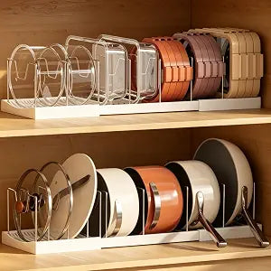 Magheo 2 Pack Pots and Pans Organizer Under Cabinet, Expandable 12.6"-22.8" Kitchen Cabinet Organizer Holder with 10 Adjustable Dividers for Food Storage Container Lid, Cookie Sheet, Cookware(White)