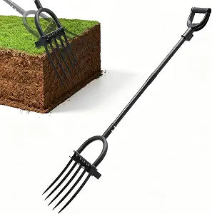 Broad Fork Garden Tool, 50" Heavy Duty Broadfork Hand Tiller with Double 5 Sharp Tines, Garden Pitchfork with Ergonomic D-Shaped Handle, Spading Diggi