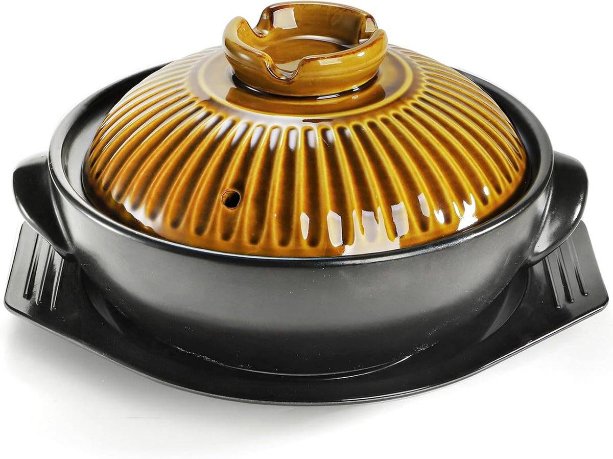 Okllen Large Korean Ceramic Bowl with Lid and Platter, 54 oz Clay Pot for Cooking, Sizzling Hot Pot for Dolsot Bibimbap, Soup, Casserole, Rice, Stew, Noodle