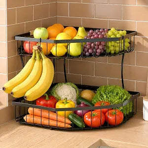2 Tier Fruit Basket for Kitchen Counter with 2 Banana Hangers for Corner
