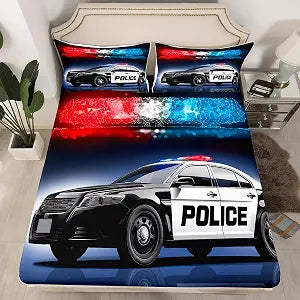 Erosebridal Police Car Fitted Sheet Twin Size,Policeman Vehicle car Bedding Sets for Kids Boys Children,Red Blue Cop Lights Bed Sheets Geometric Graphics 2 Piece Bedding Decor Set (No Top Sheet)