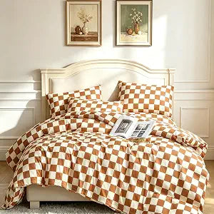 CLOTHKNOW Brown Plaid Full Size Comforter Set 3Pcs Grid Bedding Sets