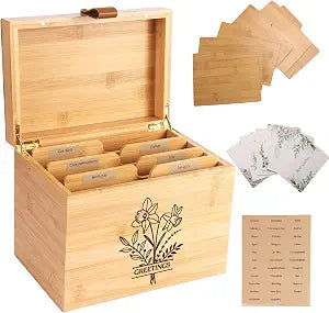 Large Bamboo Greeting Card Organizer Box with 6 Removable Dividers, Real Leather Handle, 100% Handmade Solid Bamboo, Storage Box for Christmas, Valentine, & Birthday Cards, Postcards, Stationery