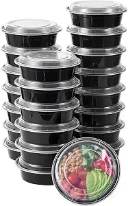 FULING 24 oz 50 ct Round Meal Prep Food Storage Containers with Lids To Go Plastic Lunch Plan Box Disposable Take Out Bowls Black BPA Free Reusable Durable Stackable Microwave Freezer Dishwasher Safe