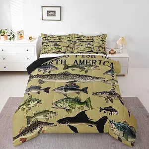 Erosebridal Pike Fish Comforter Set King Size Fishing and Hunting Theme Bedding Sets for Teen Kids Sea Animal Print Bedding Comforter Sets Ocean Fish Down Comforter Arctic Salmon Print Duvet Set