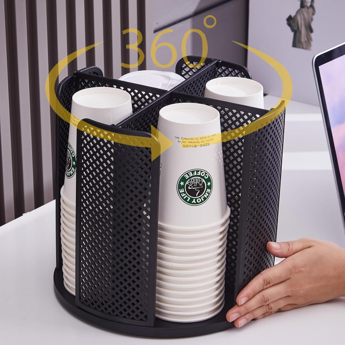 Coffee Cup Dispenser, Disposable Paper Cup and Lid Holder 360 Rotatable with 4 Compartments,Can Stacking 3-16oz Cups and Lid Holder for Coffee Shop,Home Countertop,Office,Restaurant,Kitchen