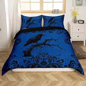 Erosebridal Boys Blue Black Gothic Halloween Bedding Set Twin Boho Baroque Damask Raven Crow Comforter Cover for Kids Teen Men,Bohemian Exotic Floral Bird Duvet Cover Goth Animal Bed Set