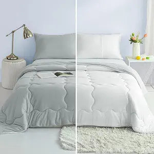 COTTEBED Reversible Comforter Sets KING Size Bed, Jersey Knit T-Shirt Feel Bedding Down Comforters Quilt & Pillowcase -Super Soft Cozy Lightweight All Season (Light Grey and White California Cal/King)