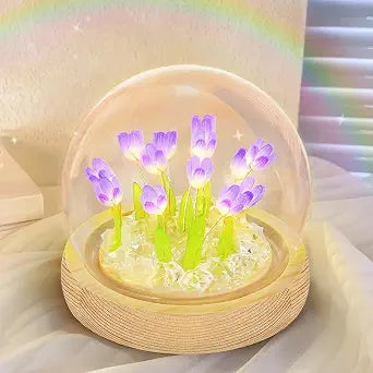 Birthday Flower Gifts for Mom,Tulips Night Light Small Glass Flower Lamp with Wooden Base for Home Decor Romantic Unique Christmas Gift for Women Girlfriend Sister Grandma Wife Her