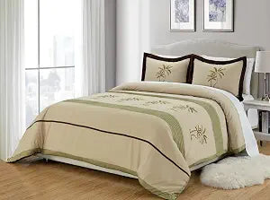 Grand Linen 3-Piece Sage Green/Beige/Brown Tropical Palm Tree Embroidered Duvet Cover Set Queen Size - Luxury, Ultra Soft and Durable