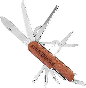 Swiss Eagle Multi-Tool Pocket Household & Campaigning, Wooden Handle, Stainless Steel, 15-in-1 Utility Tool
