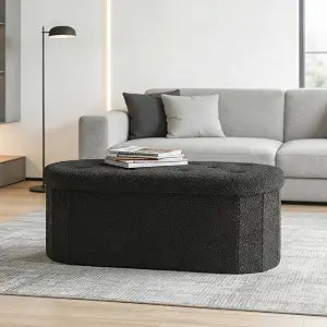 DUMOS 43" Oval Storage Ottoman Bench End of Bed, Black Teddy Fabric