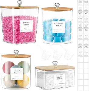 Roylvan 4 Pack Laundry Pods Container, 3 Powder Detergent Dispenser + 1 Dryer Sheet Holder with Wooden Lid & 30pcs Labels & 3 Scoops, Laundry Room Organization and Storage for Scent Booster Beads