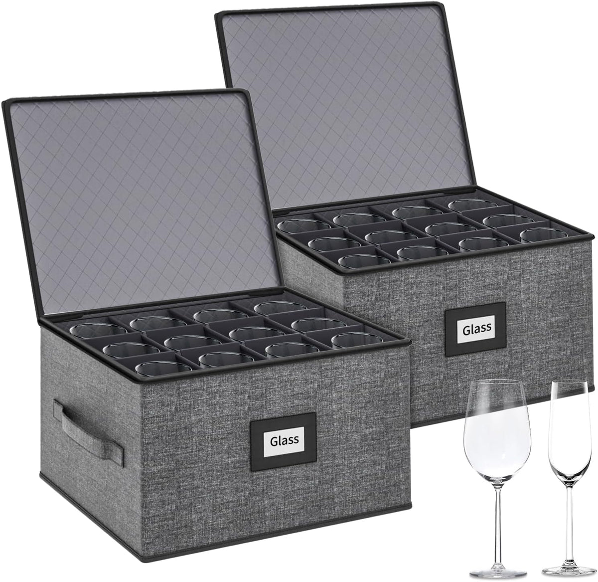 2-Pack Wine Glass Storage Box with Dividers, Hard Shell Stemware Storage