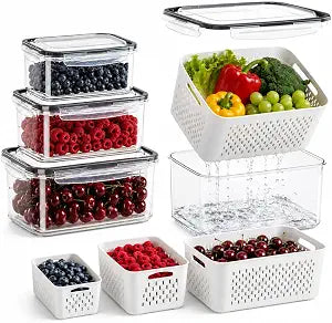 Fruit Storage Containers for Fridge with Removable Colander and Lid(8-pcs)