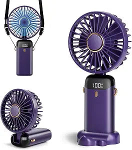 Portable Handheld Fan, 12 hours, Upgrade 3200mAh Portable Fan with LED Display, 90 Foldable, 5 Speed Wind,Hand Held/Neck/Desk 3 in 1 Personal Small Fans, Makeup Fans for Women (Purple)