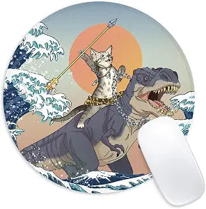 Cat and Dinosaur Round Mouse Pad,Funny Small Mouse Pad with Non-Slip Rubber Base,Mouse Mat,Home Office Decor Desk Accessories,8.7inch Round Mouse Pad