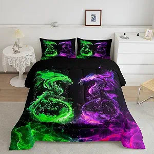 Western Dragon Comforter Set King Size,Green Purple Flame Dragon Bedding Set 3Pcs for Kids Boys Men Teens Bedroom Decor,Wild Animals Quilt Set Cool Magical Style Duvet Insert,2 Pillowcases