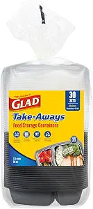 Glad Take-Aways 30-Pack Snap-Seal, 2-Compartment, Dishwasher and Freezer Safe, Reusable Food Storage, Meal Prep Containers, Made in North America (28 oz, BPA Free)