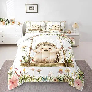 Castle Fairy Hedgehog Comforter Set for Kids,Cartoon Cute Animals Bedding Set Teens Boys Room Decor,Watercolor Flower Garden Comforter with 1 Pillowcase for All Seasons,Twin