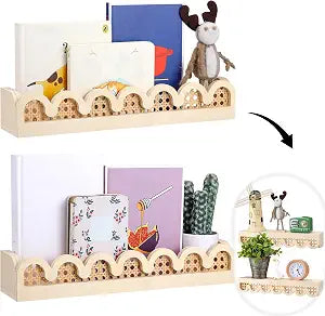 Pinkunn 2 Pcs Floating Shelves for Wall Scalloped Rattan Shelf, Wood Color