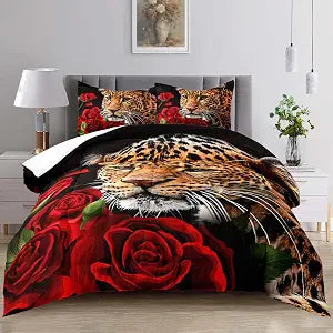 Raphus cucullatus Red Rose Bedding Cheetah Print Comforter Queen Size,Leopard Print Comforter Set, Animal Theme Decor Suitable for Boys Girls