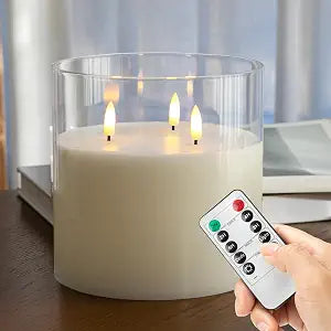 Extra Large Flameless Candles with 3 Wicks, 6"x6" Glass Battery Operated Candles with Remote, Real Wax Flickering LED Candles Fake Candle for Home, Wedding, Party, Clear