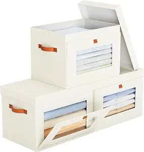 Yecaye 3 Pack Closet Storage Bins with Lid, Clothing Storage Bins, Beige