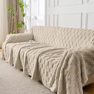 Fuzzy Couch Cover for Sectional Sofa, Brown 91"x134" Washable Sofa Slipcover for 3 Cushion Couch, Non-Slip Caramel Sofa Cover for Dogs, Pets, Living Room