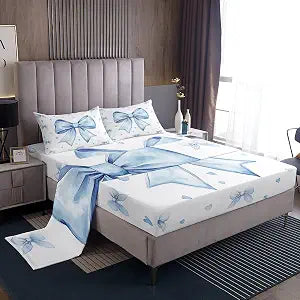 Erosebridal Cute Blue Bowknot Bedding Set Twin Size for Kids Girls Teen Women,Kawaii Dreamy Bow Bed Sheets Princess Style Blue White Heart Decor Sheet Set Soft Breathable Bed Sheet Set 3 Piece