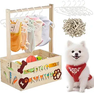 Wooden Pet Wardrobe Closet Toy Basket Box with Hanging Rods Personalized Pet Alphabet Letters Easy Assembly Baskets Dog Toy Box for Dog Cat Toys Clothes Organization Storage Accessories