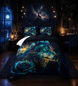 Nttopship Wolf Print Comforter Set Twin Size,Blue Rose Wolf Bedding Set, Night Sky Forest Animals Printed Quilted Set for Girls Boys Adult,with 1 Comforter and 2 Pillow Case
