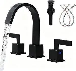 Friho Matte Black Waterfall Bathroom Faucet, 8 Inch Widespread 3 Hole Sink Faucet with 2 Handles, Pop-up Drain & Supply Lines, Stainless Steel Vanity Faucet for Bathroom