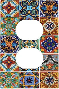 Decorative Outlet Covers Blue Red Telavera Tile Style 1 Gang Duplex Light Switch Cover Plate Unique Wall Plates for Electrical Outlets Switch Plate Covers for Bathroom Kitchen Decor