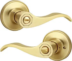 Brushed Gold Wave Style Privacy Door Handle with Privacy Lock, Keyless Door Lever for Bathroom/Bedroom in Satin Brass Finish, No Key Reversible Lever for Left/Right Doors