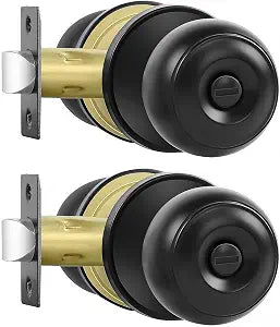 RAZCC Privacy Door Knobs, 2 Pack Matte Black Door Knobs with Lock, Bed and Bath Door Knob Interior Keyless Locksets, Round Door Handles Reversible for Left Right Handed Doors
