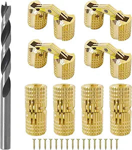 8mm Hidden Brass Barrel Hinges with Drill Bit, 8Pcs, Gold