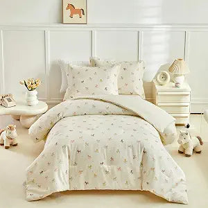 Joyreap 3pcs Kids Cotton Comforter Set Twin, Rocking Horse Beige White Bedding Set