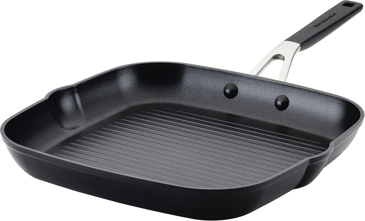 KitchenAid 84808 Hard Anodized Nonstick Square Grill Pan/Griddle with Pour Spouts, 11.25 Inch - Onyx Black