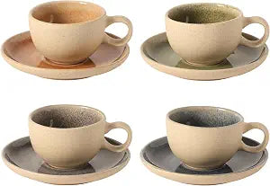 Gibson Elite Manila Bay 8-Piece Stoneware 5 oz Cup and Saucer Set, Reactive Glaze Espresso & Coffee Cups with Saucers, Assorted Colors